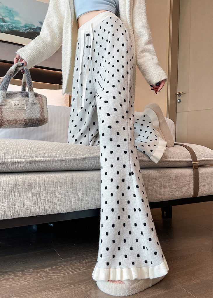 Handmade White Ruffled Patchwork Dot Knit Flared Pants Winter