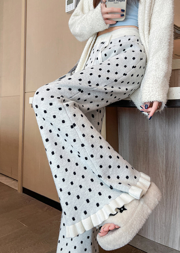 Handmade White Ruffled Patchwork Dot Knit Flared Pants Winter