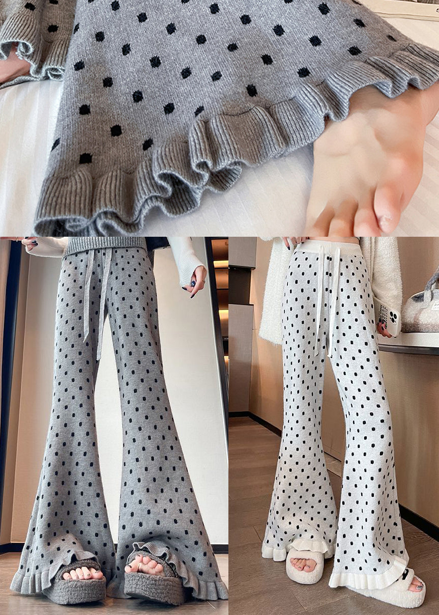 Handmade White Ruffled Patchwork Dot Knit Flared Pants Winter