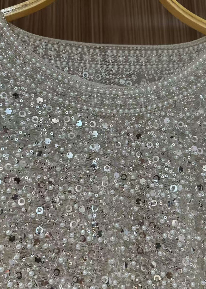 Handmade White Sequins Pearl Tulle Tops Summer