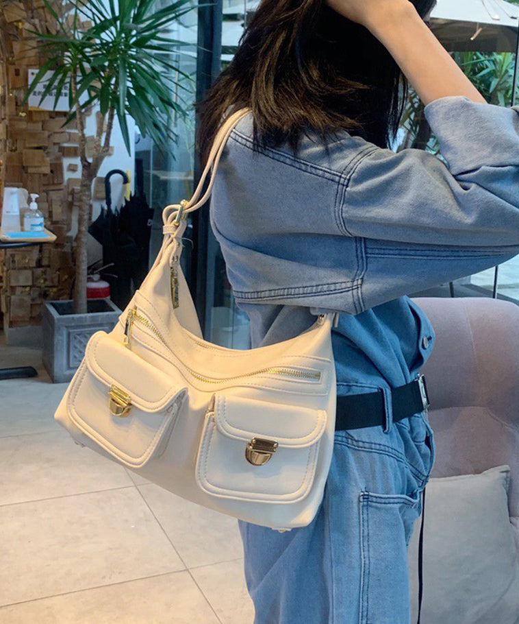 Handmade White Solid Durable Pockets Faux Leather Messenger Bag