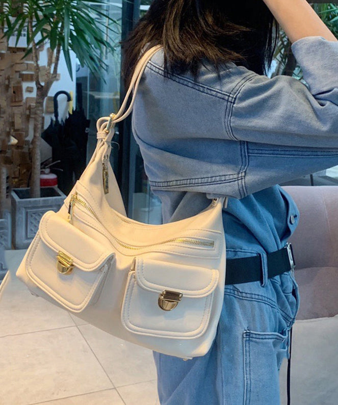 Handmade White Solid Durable Pockets Faux Leather Messenger Bag