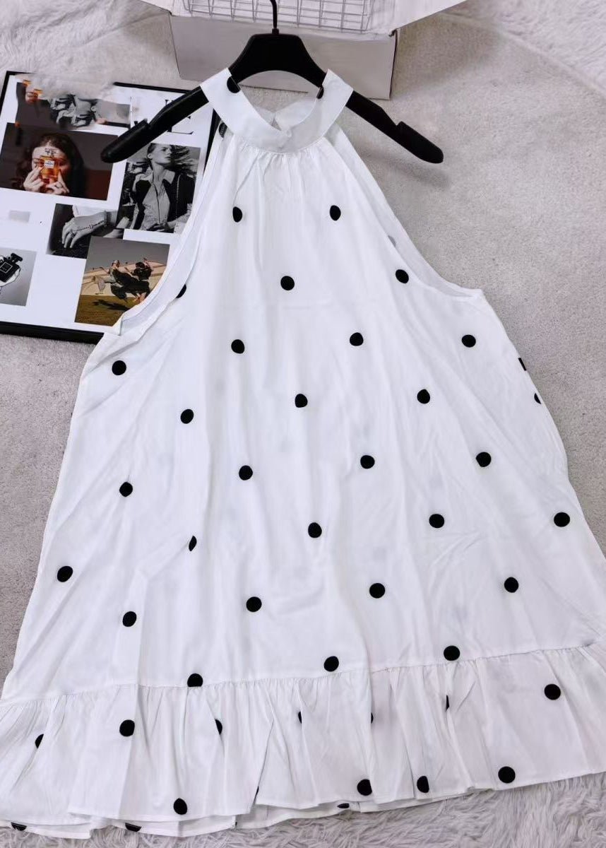 Handmade White Stand Collar Ruffled Patchwork Mid Dress Summer