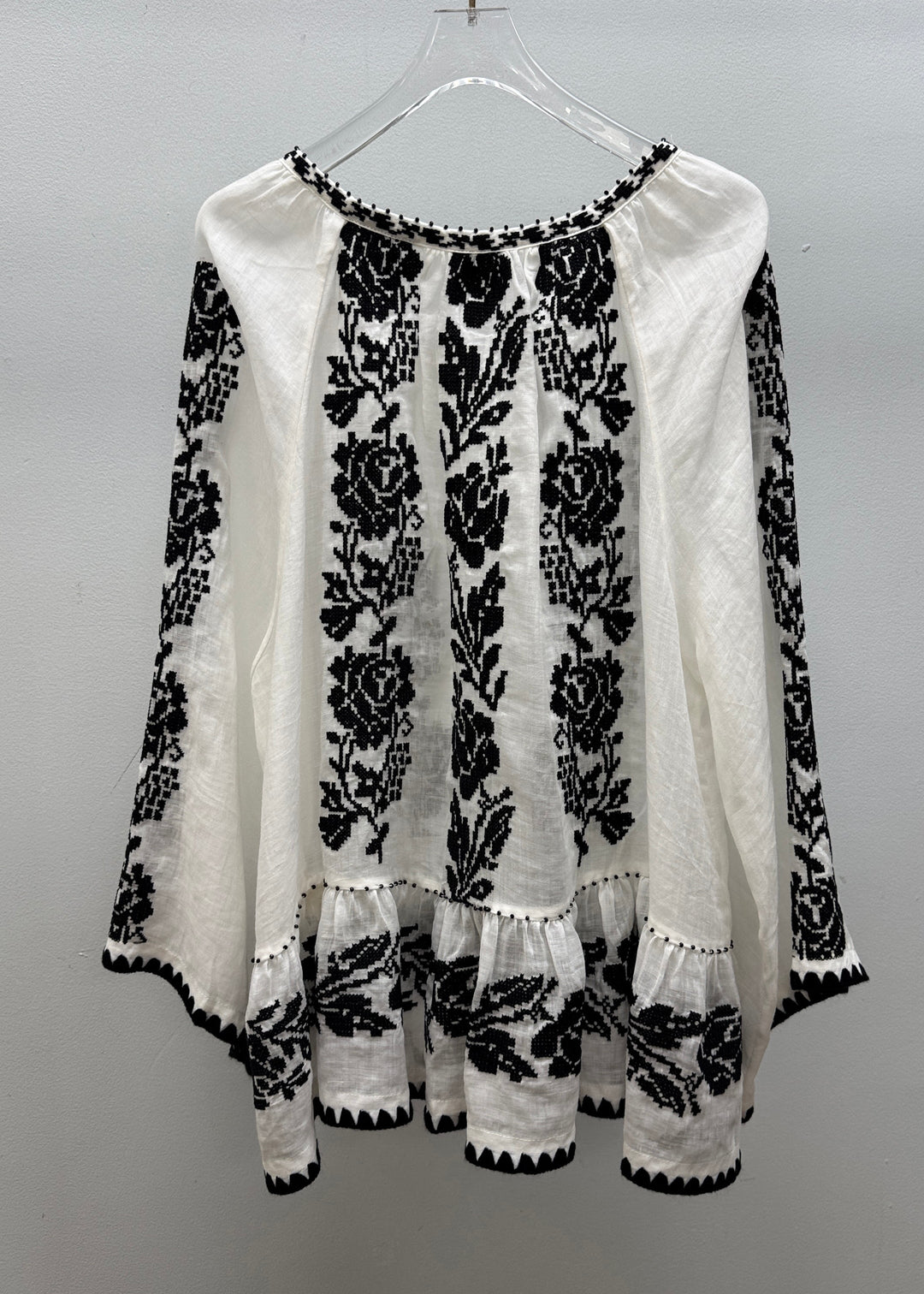 Handmade White V Neck Embroidered Linen Blouses Fall