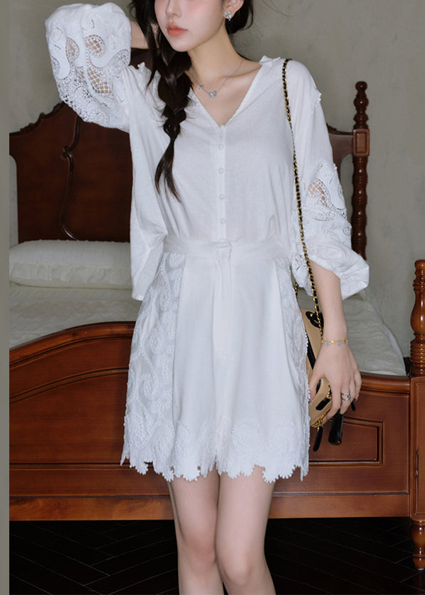 Handmade White V Neck Hollow Out Cotton Two Pieces Set Summer