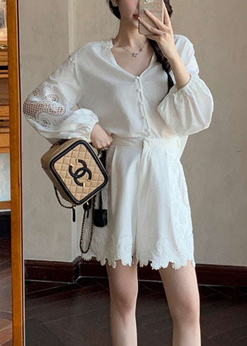 Handmade White V Neck Hollow Out Cotton Two Pieces Set Summer