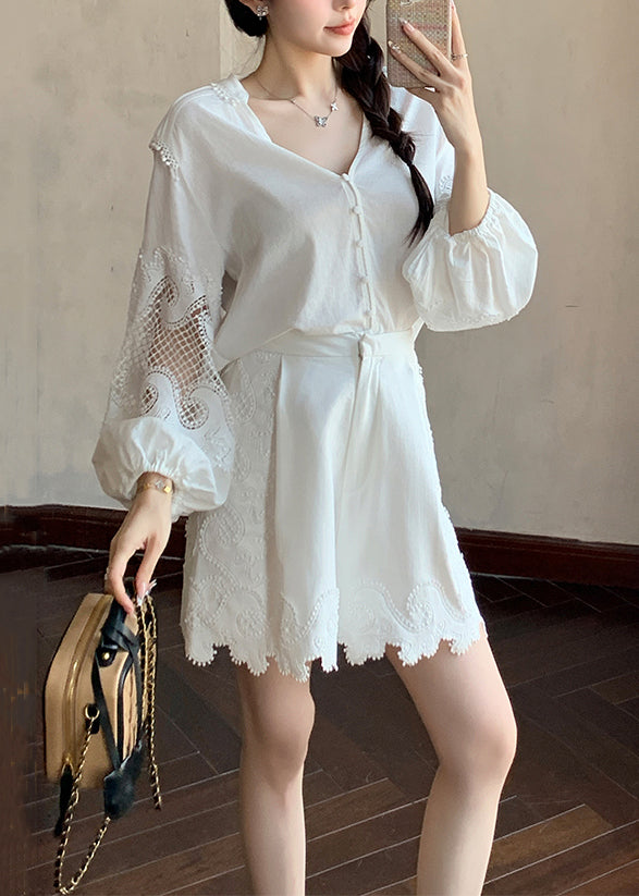 Handmade White V Neck Hollow Out Cotton Two Pieces Set Summer