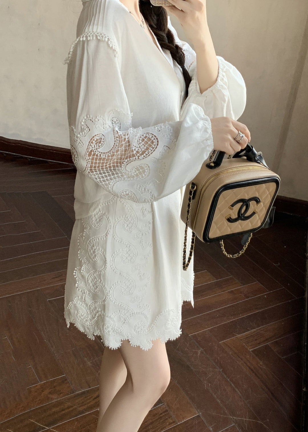Handmade White V Neck Hollow Out Cotton Two Pieces Set Summer