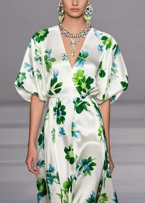 Handmade White V Neck Patchwork Print Silk Dresses Lantern Sleeve