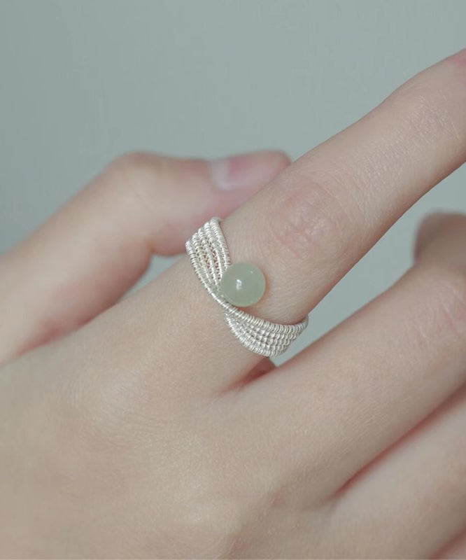 Handmade White Woven Sterling Silver Jade Rings