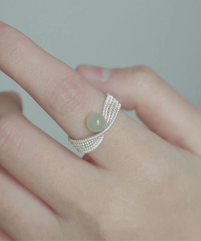 Handmade White Woven Sterling Silver Jade Rings
