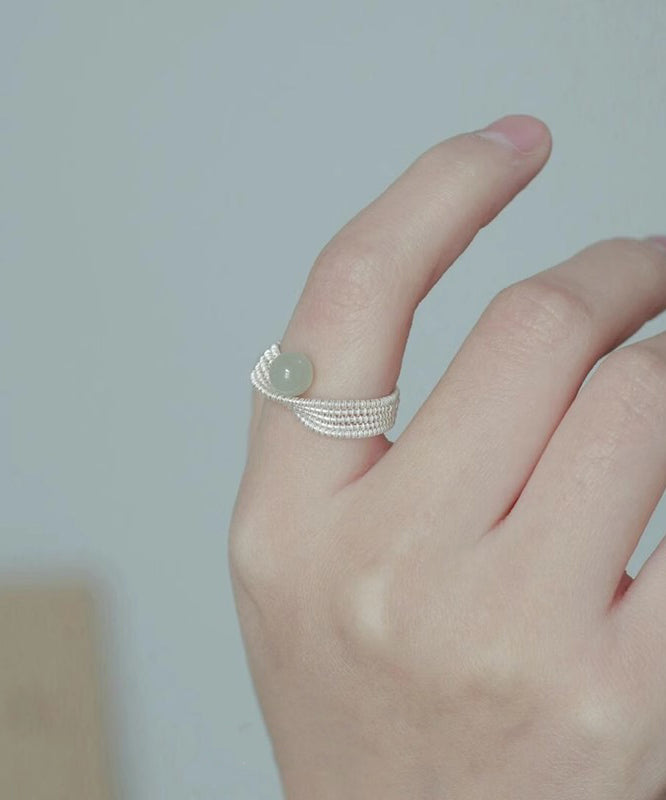 Handmade White Woven Sterling Silver Jade Rings