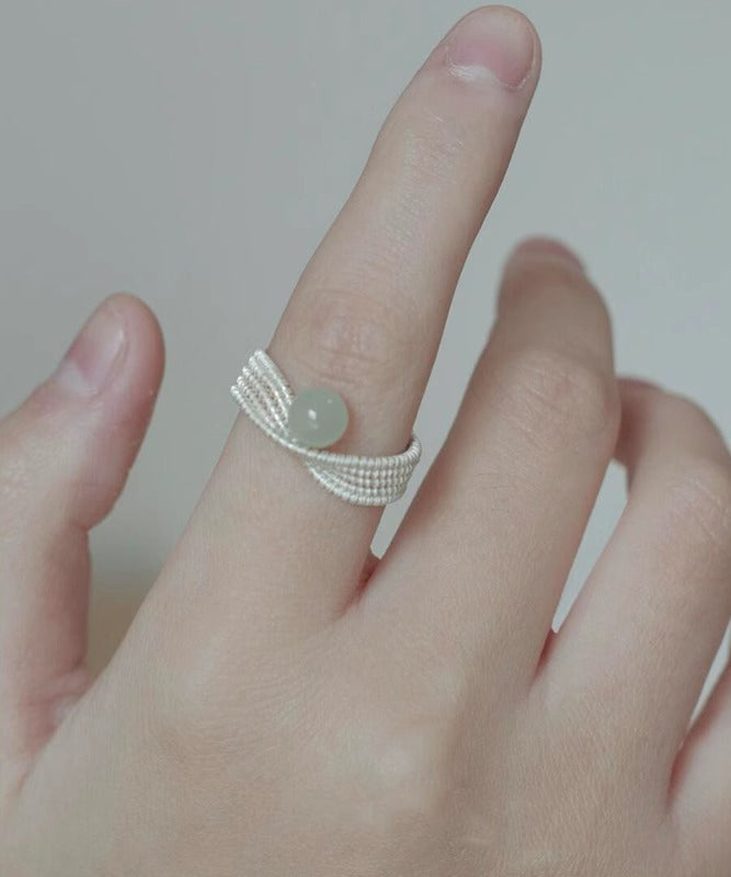 Handmade White Woven Sterling Silver Jade Rings