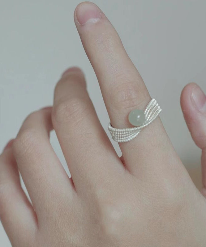 Handmade White Woven Sterling Silver Jade Rings