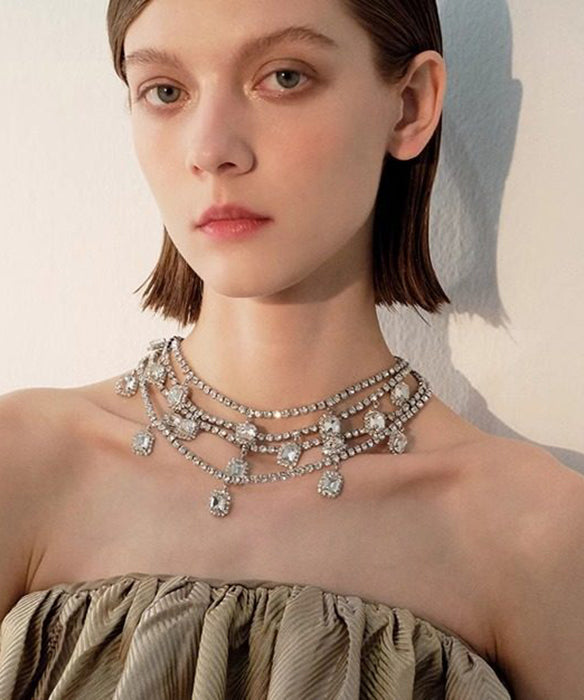 Handmade White Zircon Double Tier Adjustable Silver Plated Choker