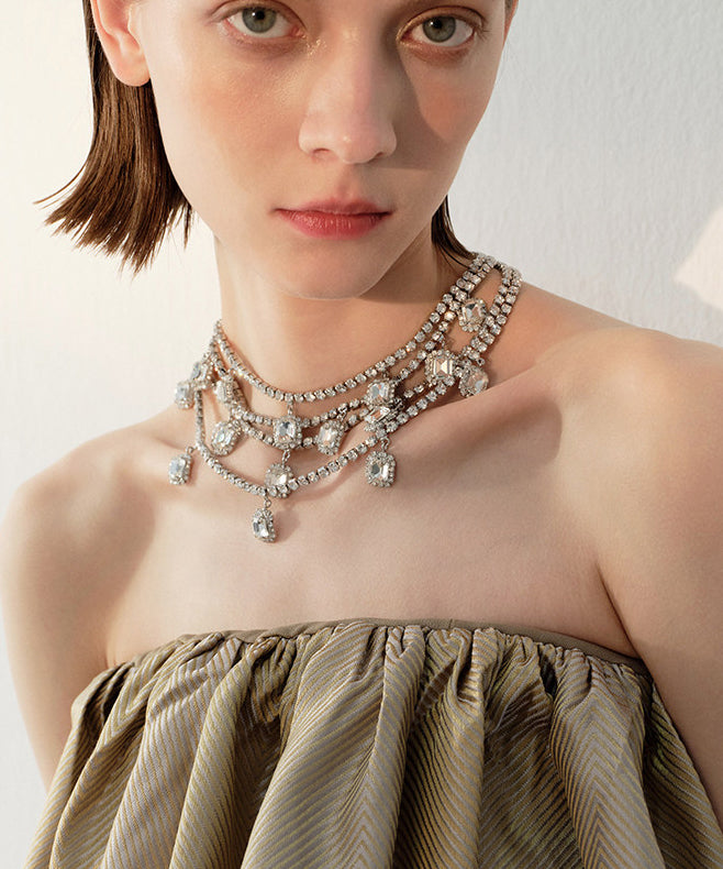 Handmade White Zircon Double Tier Adjustable Silver Plated Choker