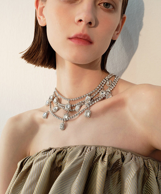 Handmade White Zircon Double Tier Adjustable Silver Plated Choker