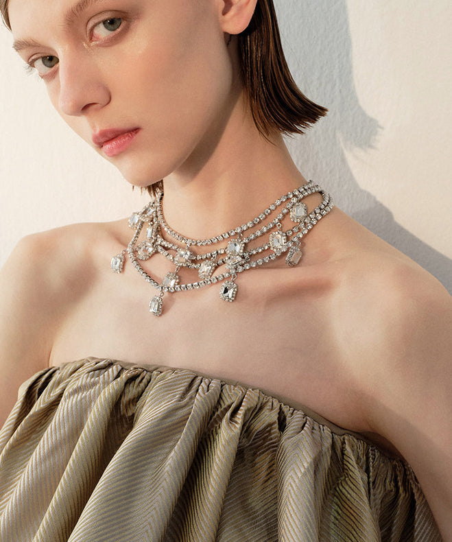 Handmade White Zircon Double Tier Adjustable Silver Plated Choker