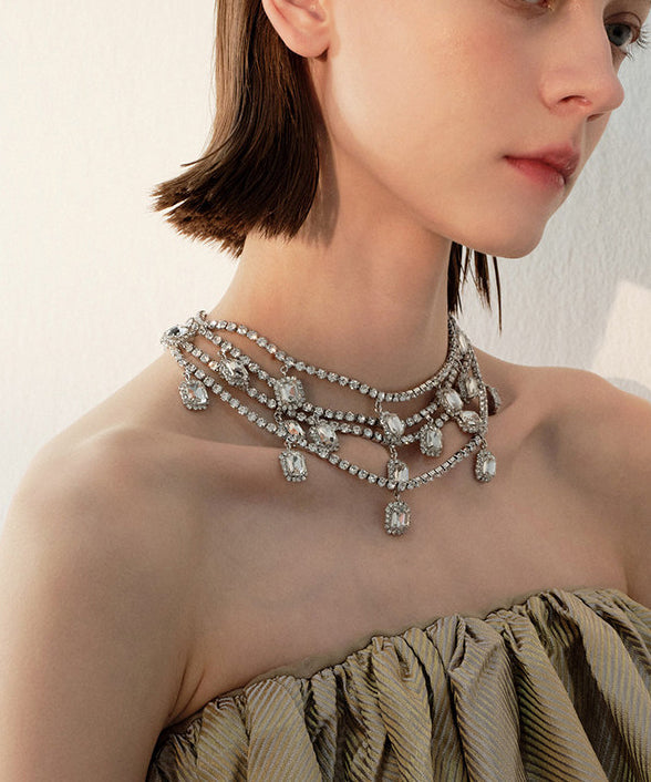 Handmade White Zircon Double Tier Adjustable Silver Plated Choker