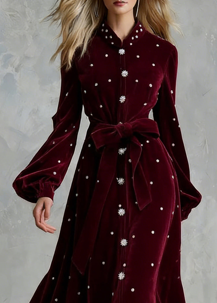 Handmade Wine Red Zircon Tie Waist Silk Velvet Maxi Dresses - Omychic