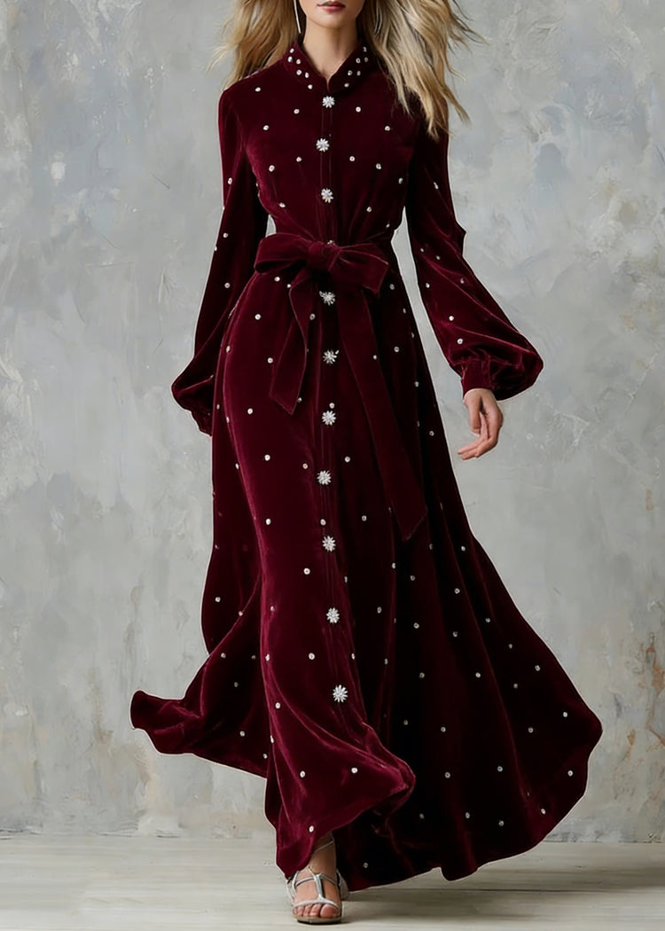 Handmade Wine Red Zircon Tie Waist Silk Velvet Maxi Dresses - Omychic