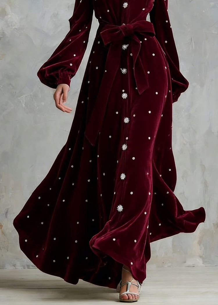 Handmade Wine Red Zircon Tie Waist Silk Velvet Maxi Dresses - Omychic