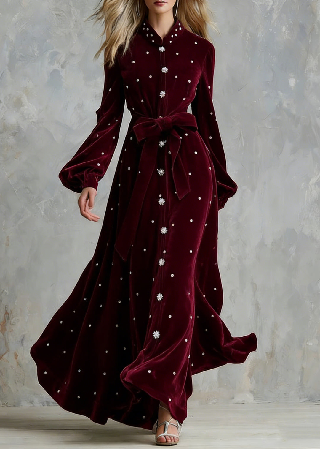 Handmade Wine Red Zircon Tie Waist Silk Velvet Maxi Dresses - Omychic