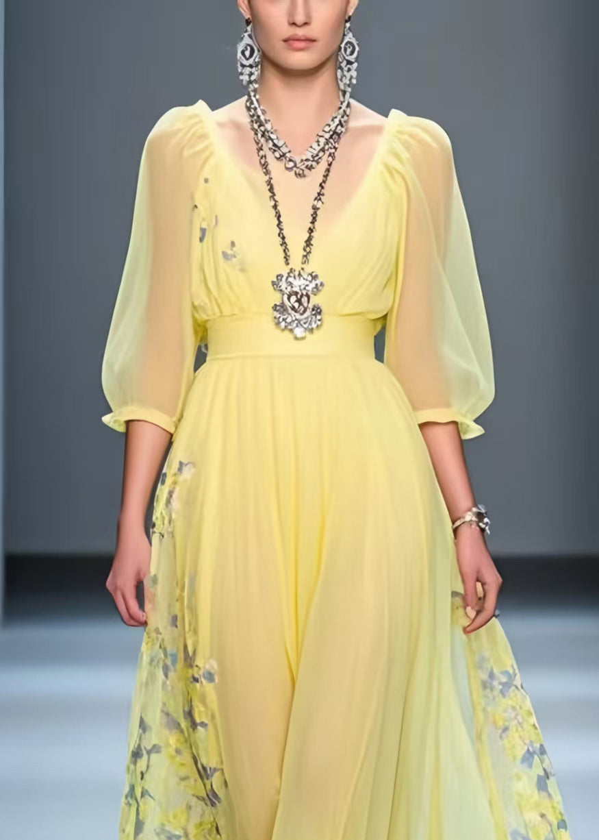 Handmade Yellow Cinched Print Chiffon Party Dress Summer