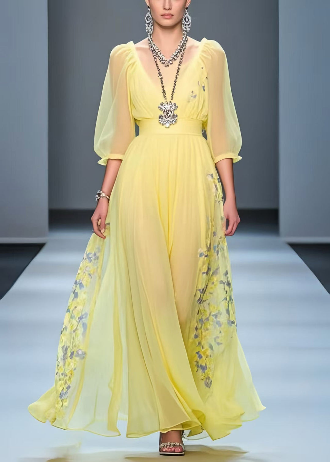 Handmade Yellow Cinched Print Chiffon Party Dress Summer