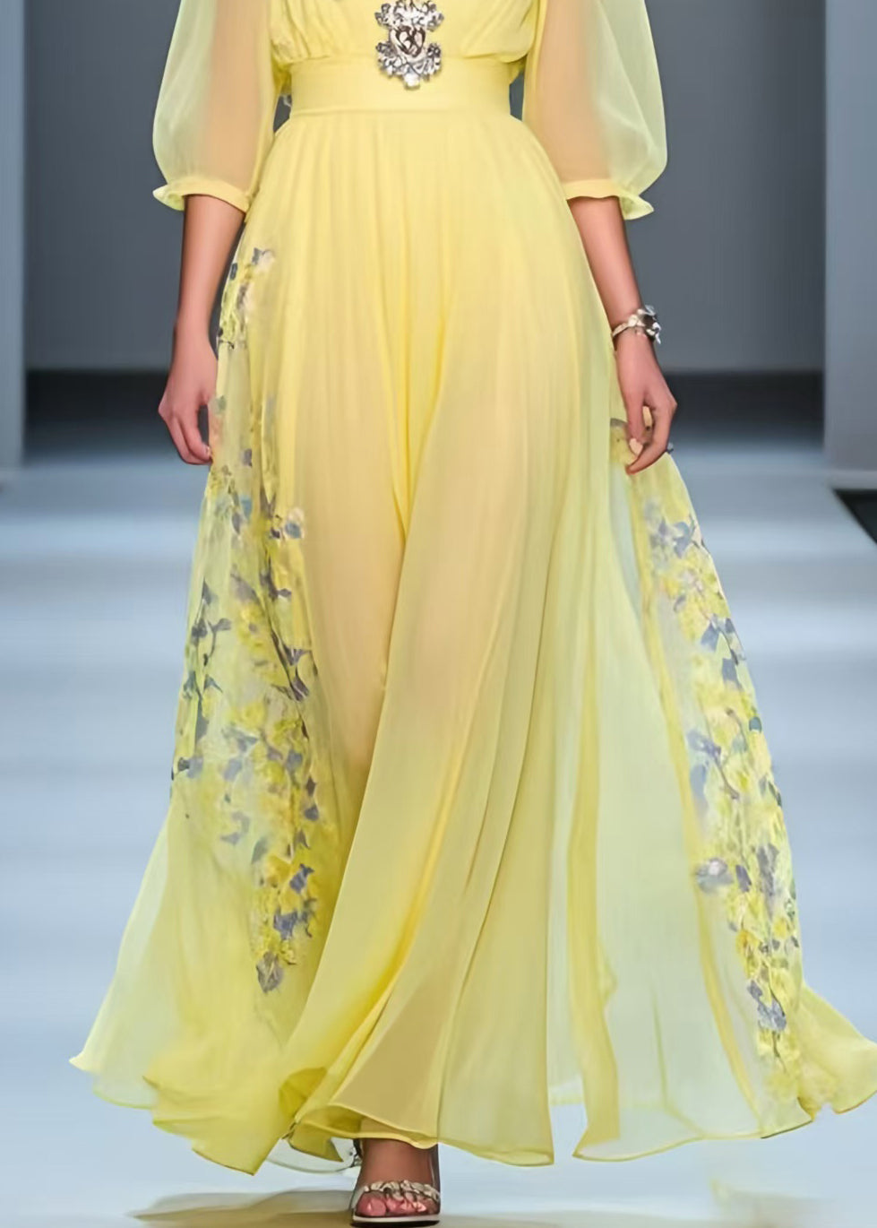 Handmade Yellow Cinched Print Chiffon Party Dress Summer
