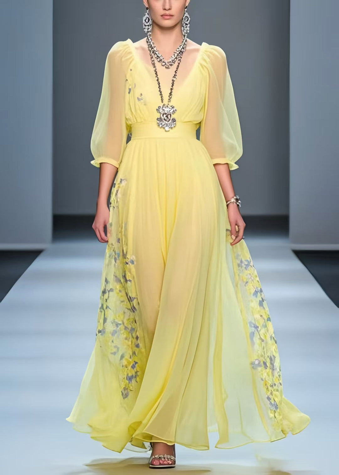 Handmade Yellow Cinched Print Chiffon Party Dress Summer
