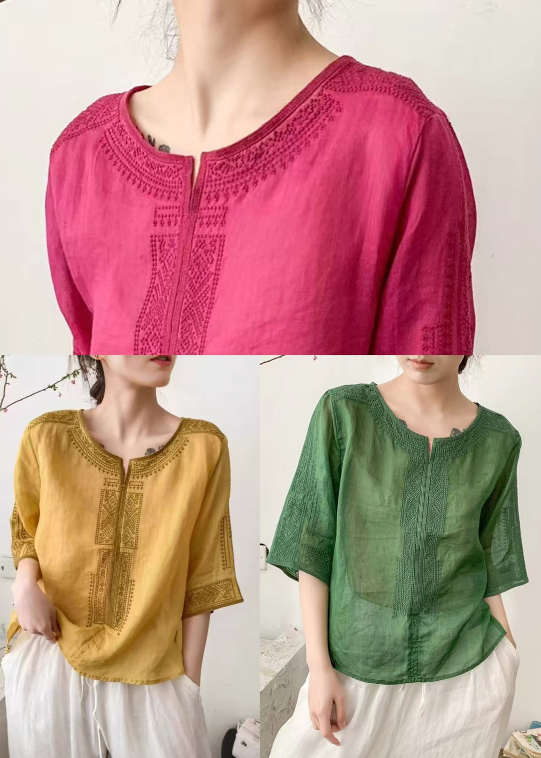 Handmade Yellow Embroidered Linen Loose Shirt Summer