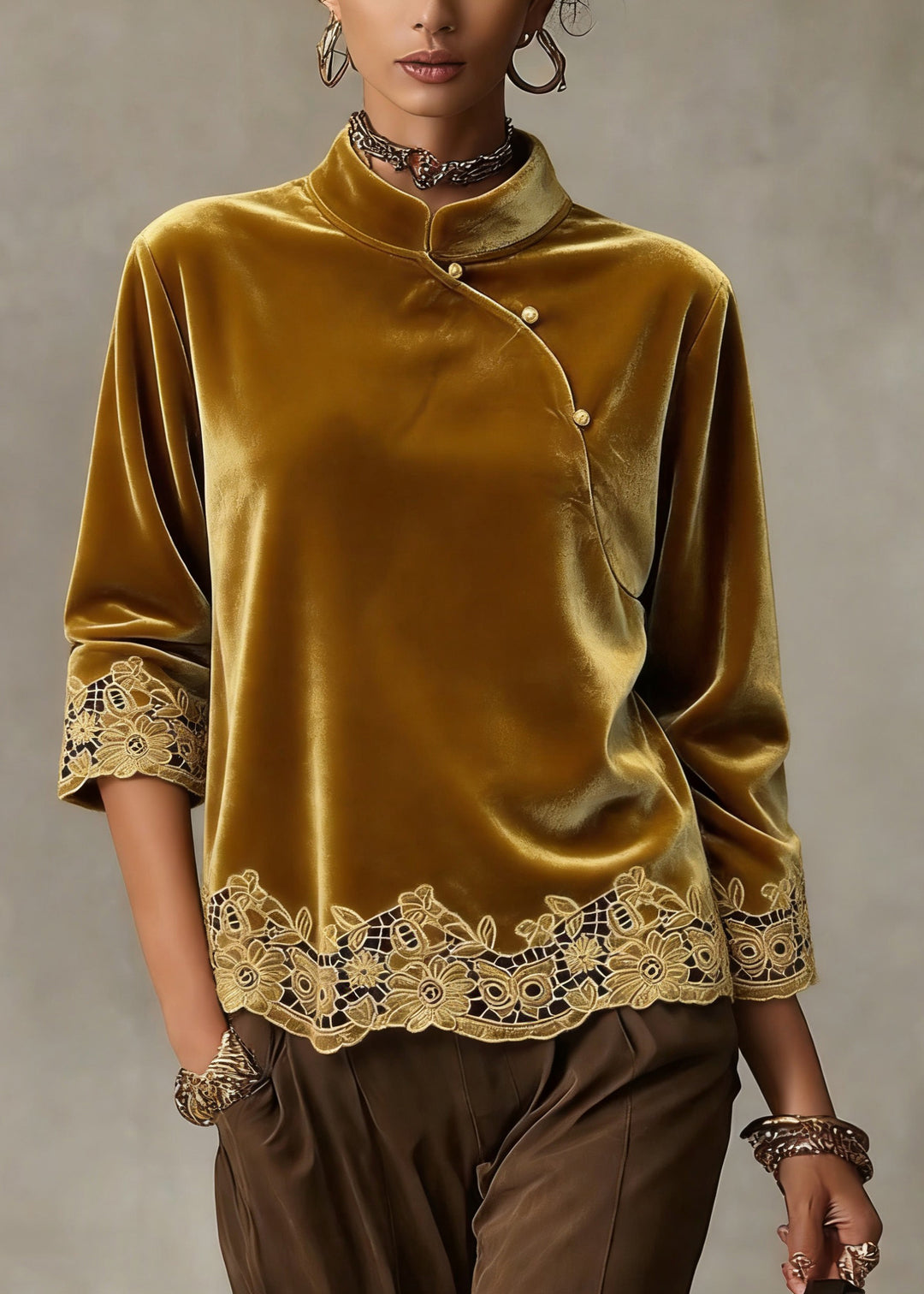 Handmade Yellow Hollow Out Button Solid Shirt Spring