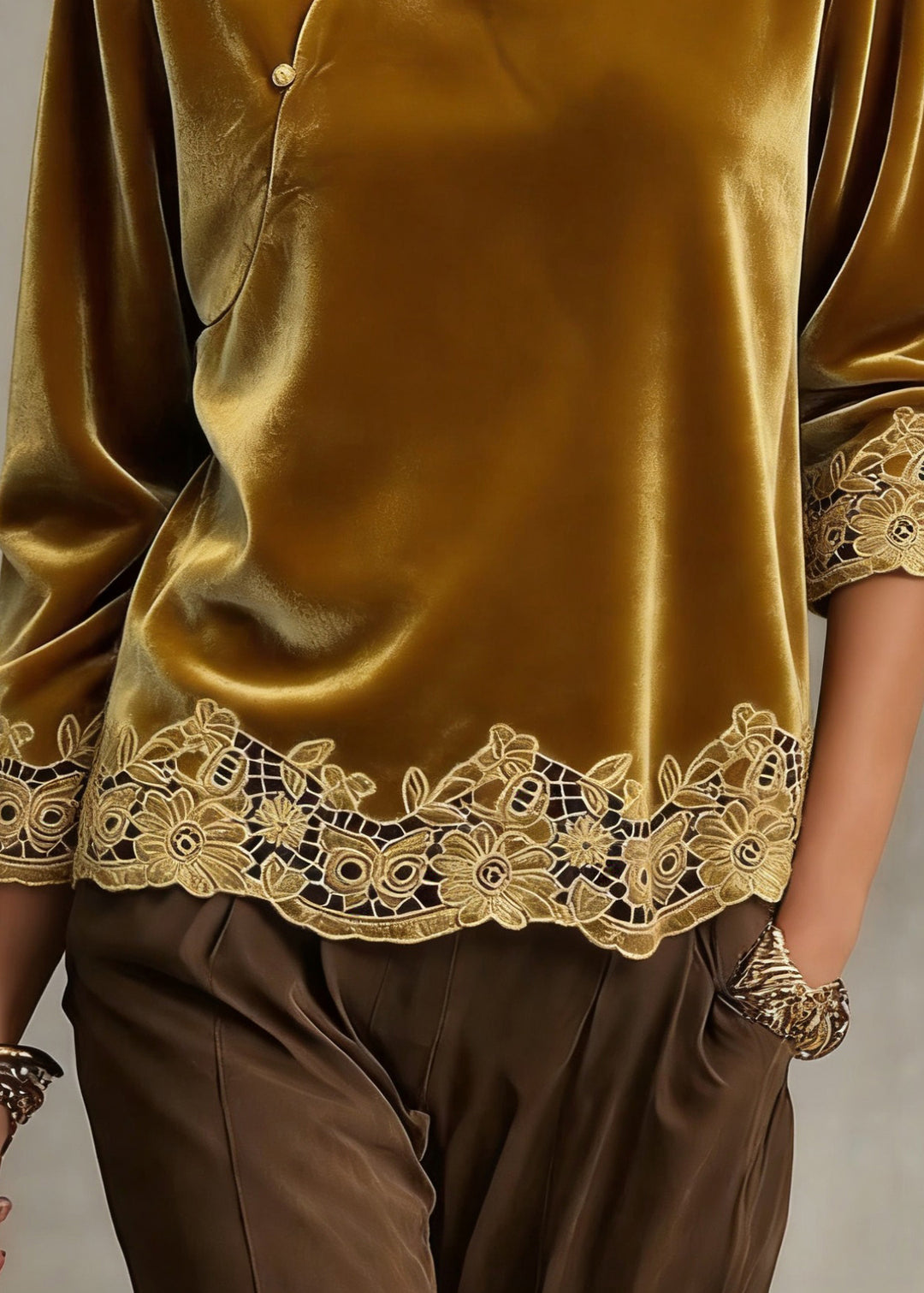 Handmade Yellow Hollow Out Button Solid Shirt Spring