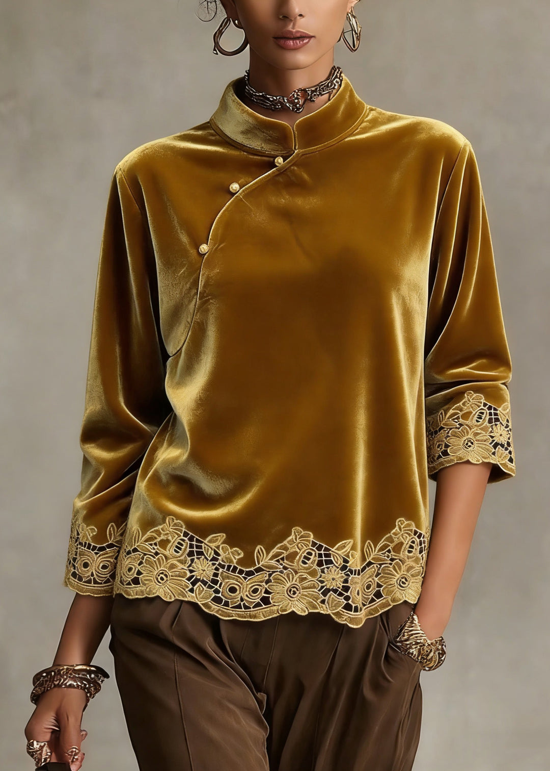 Handmade Yellow Hollow Out Button Solid Shirt Spring