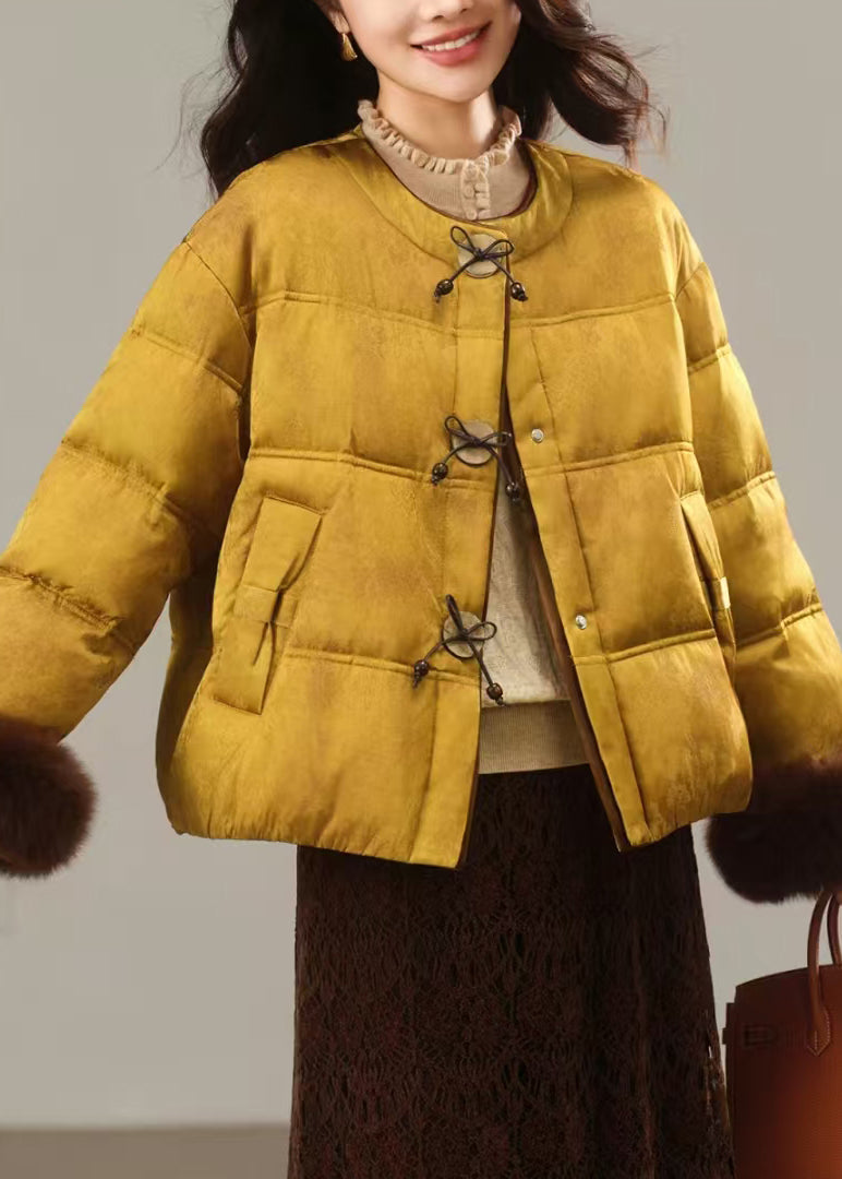 Handmade Yellow O Neck Fur Patchwork Duck Down Puffers Jackets Winter