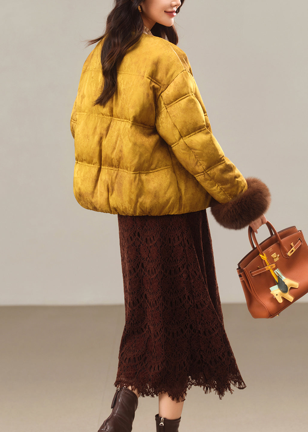 Handmade Yellow O Neck Fur Patchwork Duck Down Puffers Jackets Winter