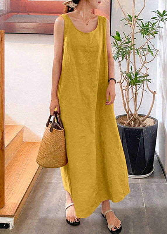 Handmade Yellow O-Neck Solid Long Spaghetti Strap Dress Sleeveless