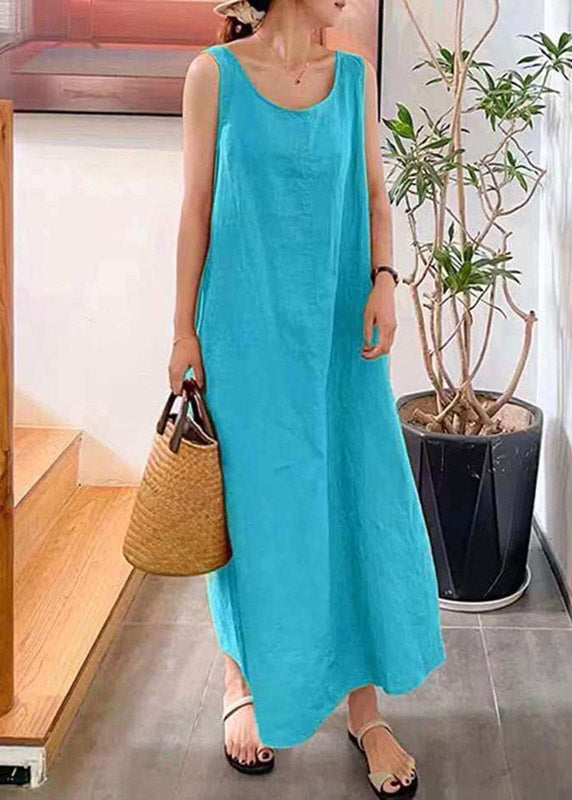 Handmade Yellow O-Neck Solid Long Spaghetti Strap Dress Sleeveless