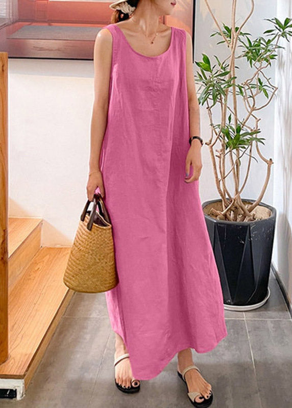 Handmade Yellow O-Neck Solid Long Spaghetti Strap Dress Sleeveless