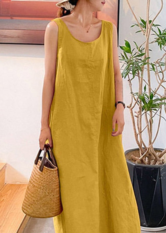 Handmade Yellow O-Neck Solid Long Spaghetti Strap Dress Sleeveless