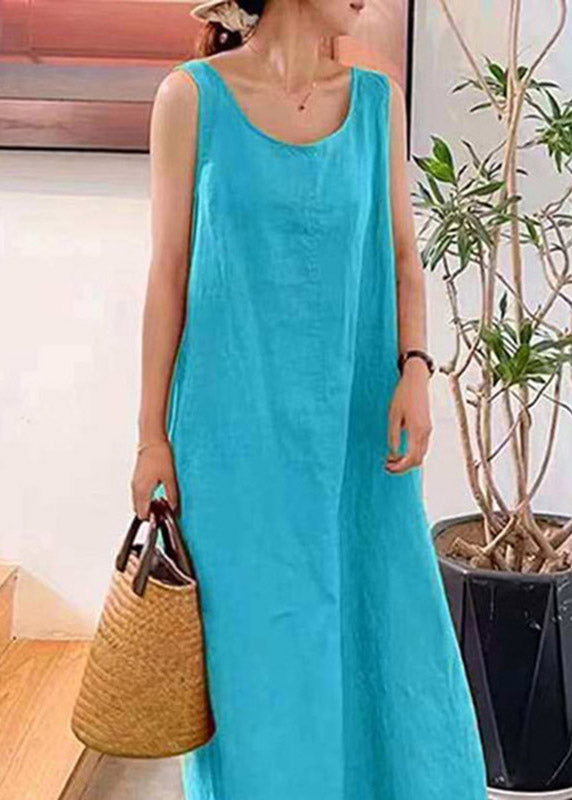 Handmade Yellow O-Neck Solid Long Spaghetti Strap Dress Sleeveless
