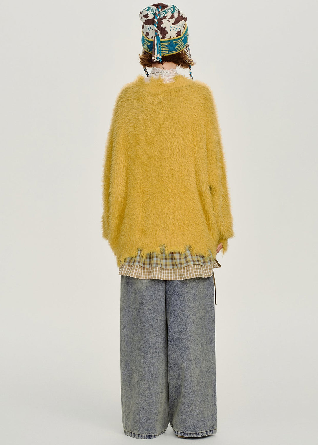 Handmade Yellow Oversized Print Fuzzy Fur Fluffy Knit Sweater Tops Winter