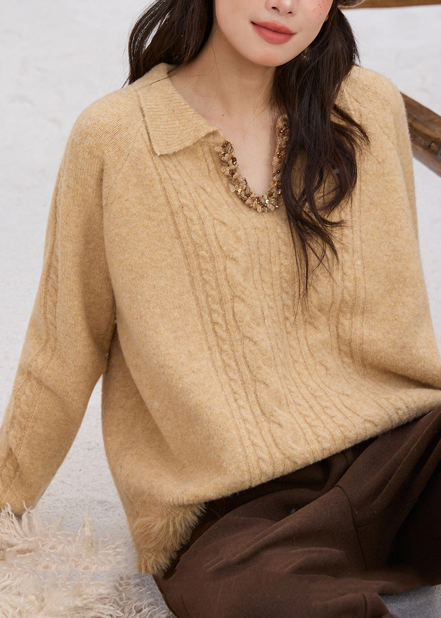 Handmade Yellow Peter Pan Collar Patchwork Sequins Thick Cotton Knit Sweaters Fall