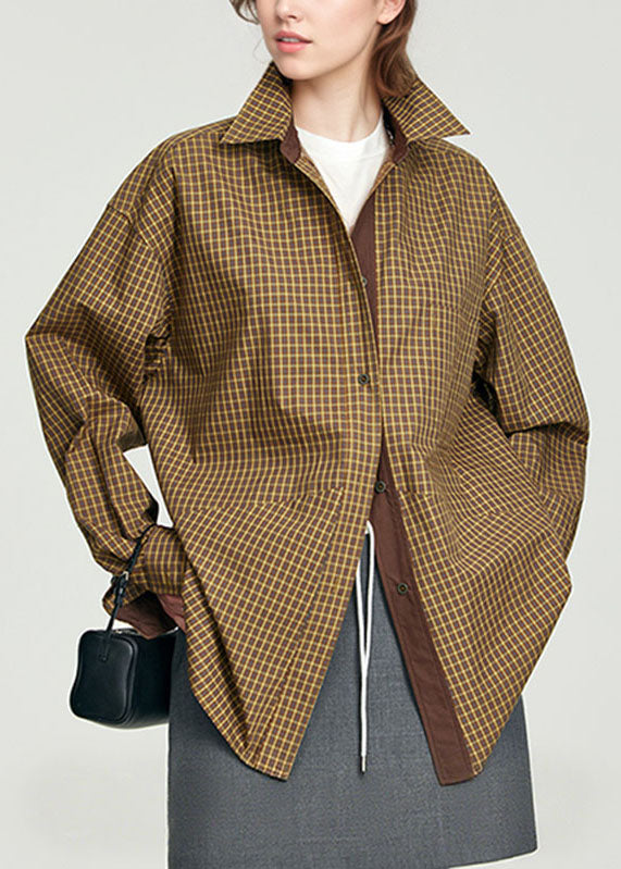 Handmade Yellow Peter Pan Collar Plaid Patchwork Button Shirt Fall