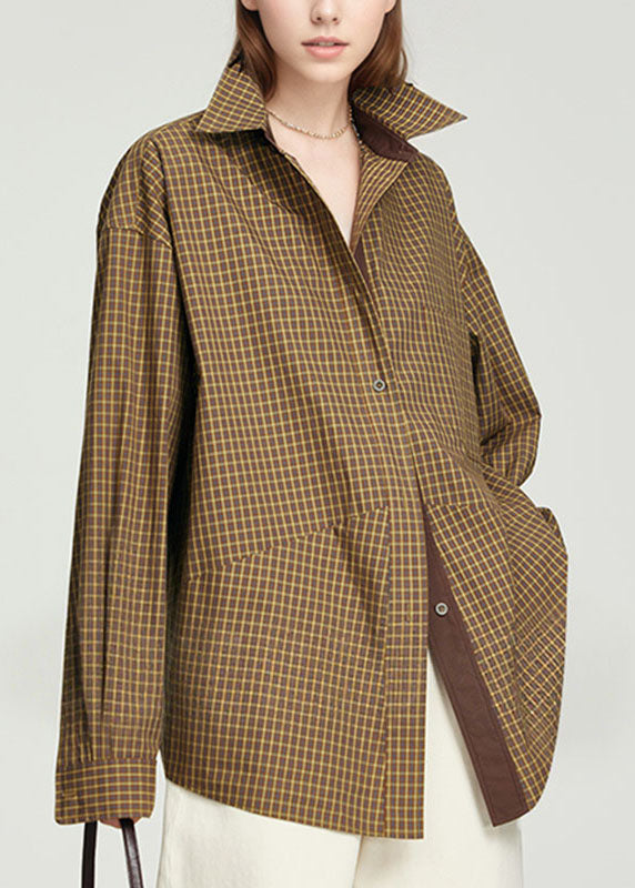 Handmade Yellow Peter Pan Collar Plaid Patchwork Button Shirt Fall