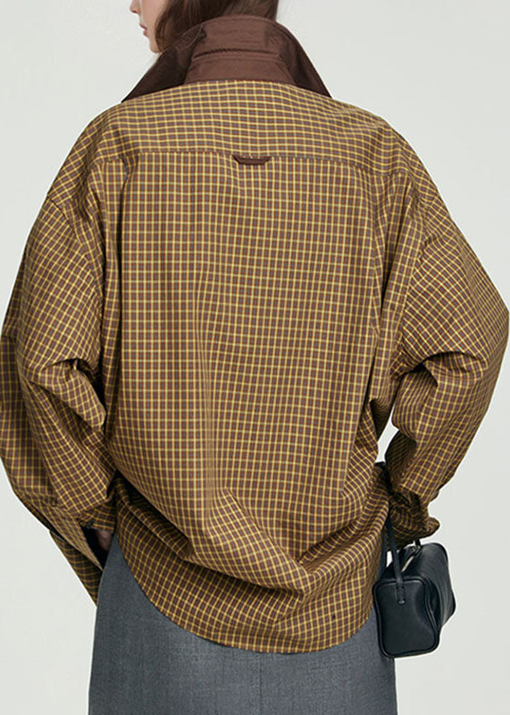 Handmade Yellow Peter Pan Collar Plaid Patchwork Button Shirt Fall