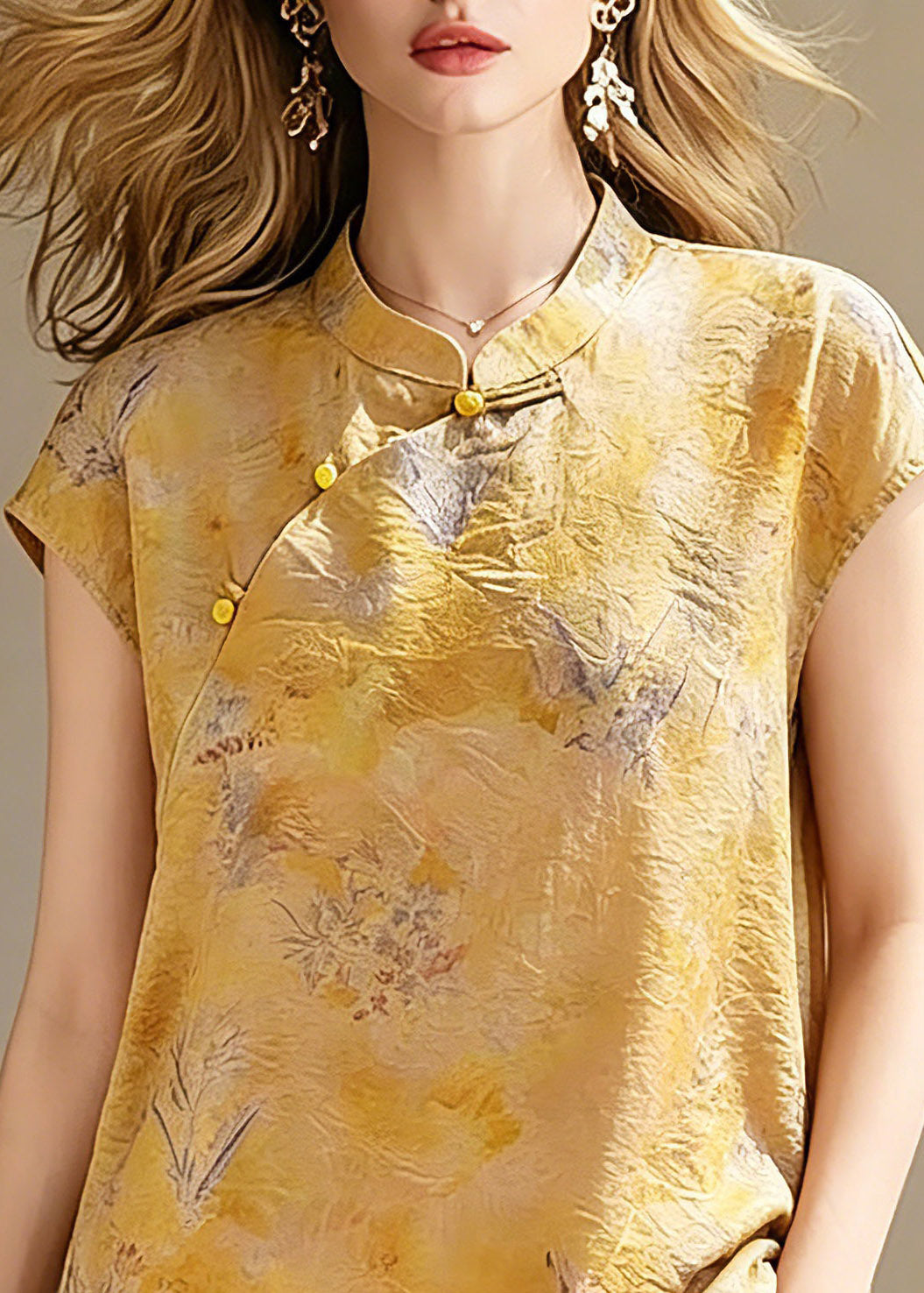 Handmade Yellow Print Button Shirts Short Sleeve