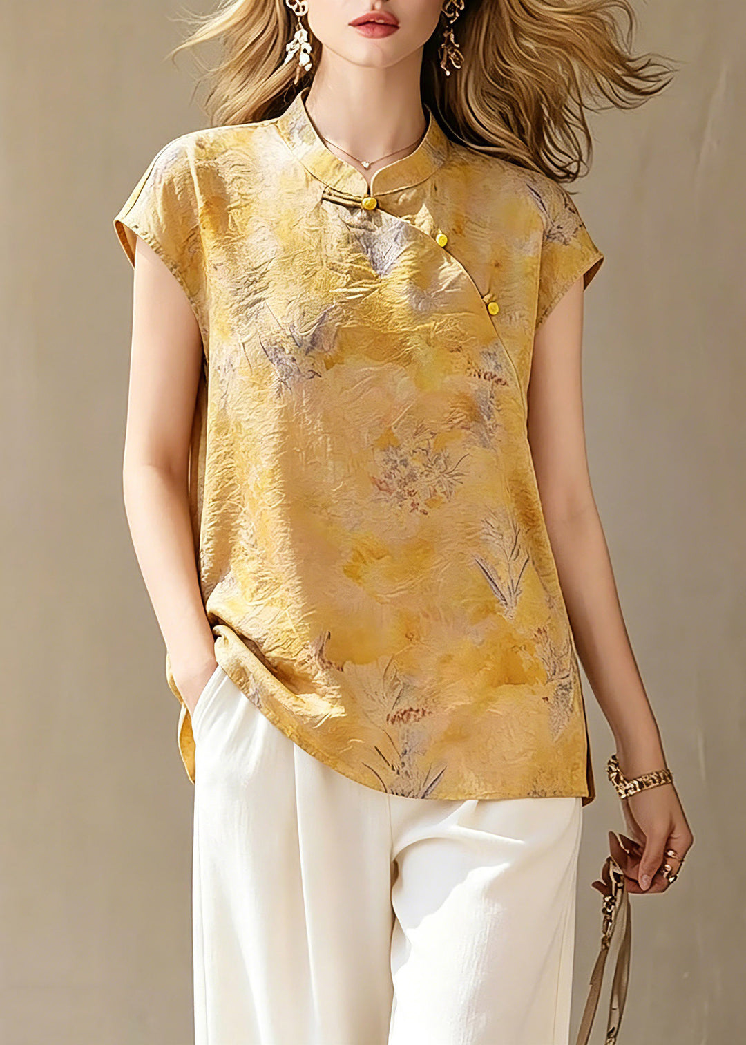 Handmade Yellow Print Button Shirts Short Sleeve