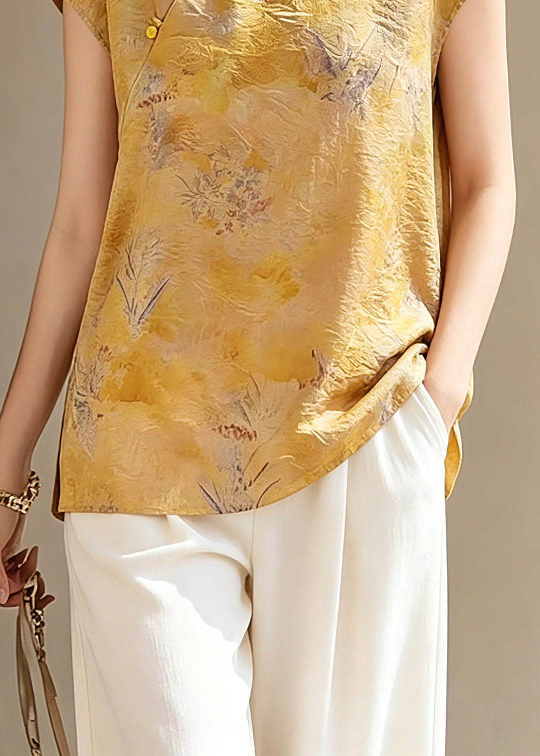 Handmade Yellow Print Button Shirts Short Sleeve